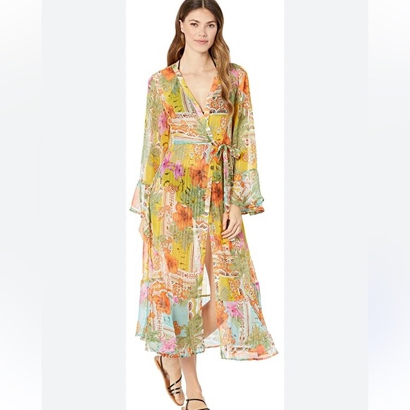 America & Beyond Boho Blissful Kimono Cover Up Size Medium Flared Sleeves Floral - Picture 1 of 6